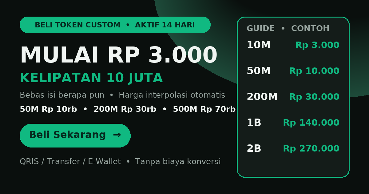 Beli Token Custom — mulai Rp 3.000, kelipatan 10 juta, aktif 14 hari